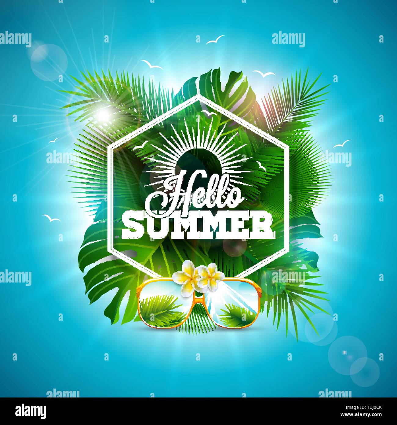 Hello Summer Illustration with Typography Letter and Tropical Leaves on ...