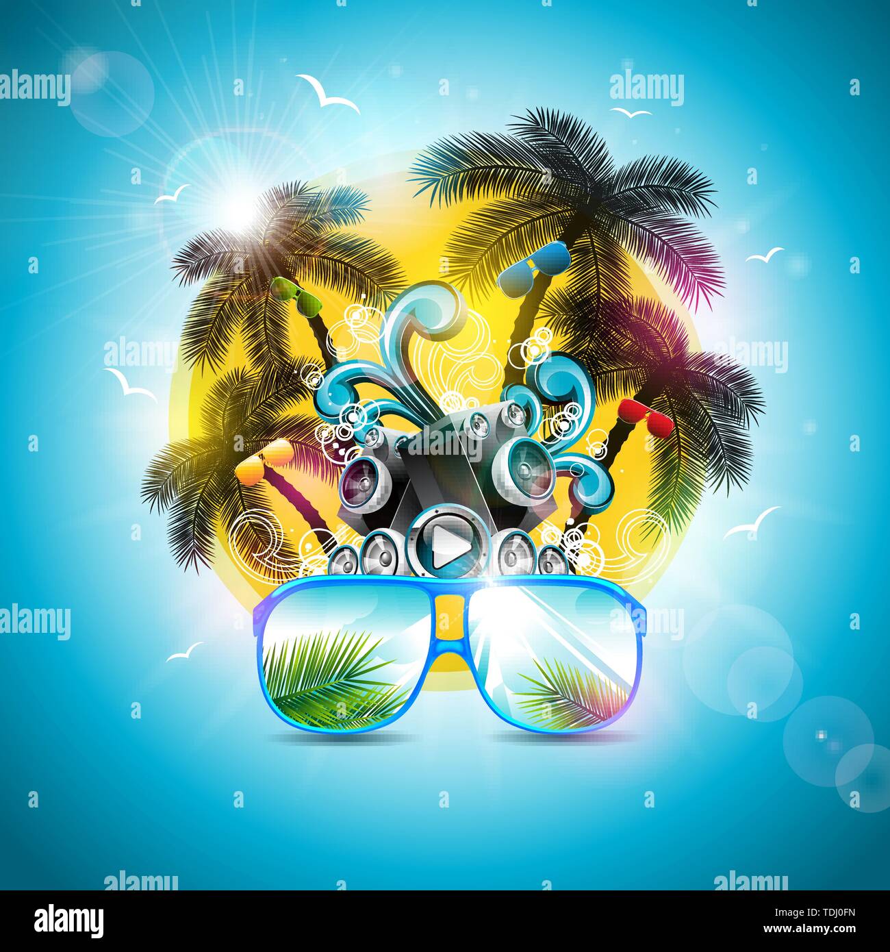 Summer Holiday Design with Speaker and Sunglasses on Blue Background. Vector Illustration with Tropical Palm Trees and Sunset for Banner, Flyer Stock Vector