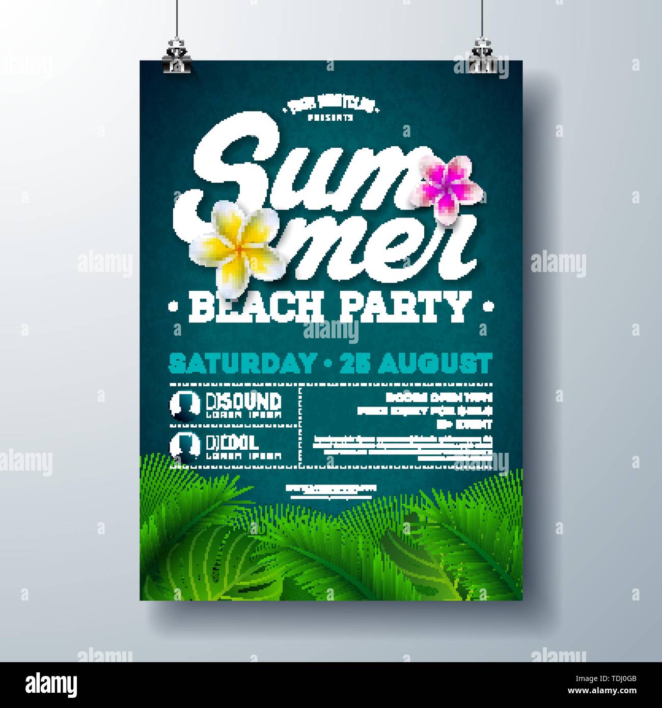 Vector Summer Beach Party Flyer Design with Flower and Tropical Palm ...