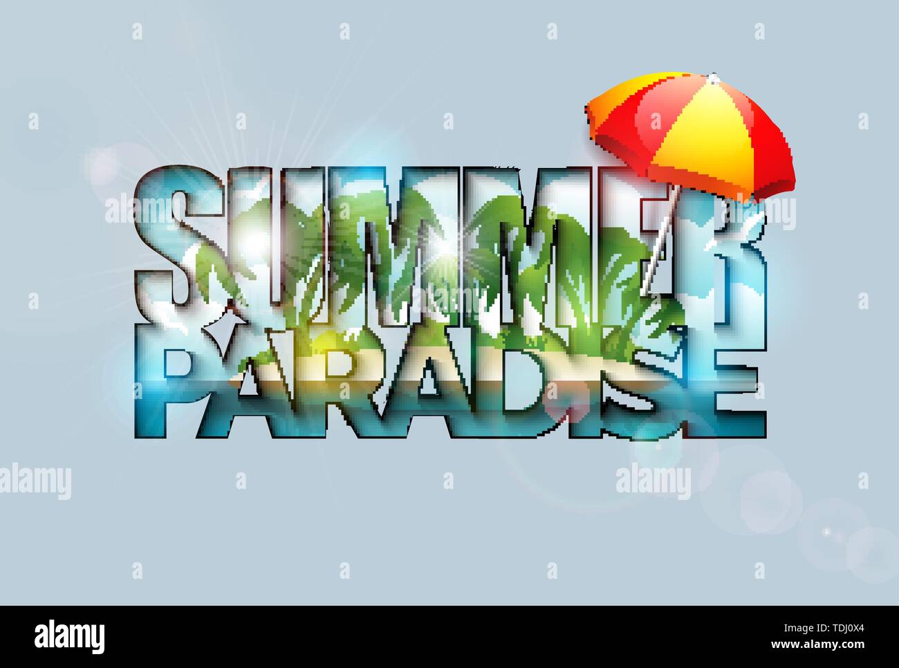 Summer Holiday Illustration with Paradise Island and Tropical Palm Trees in Cutting Typography Letter on Clean Background. Vector Holiday Design with Stock Vector