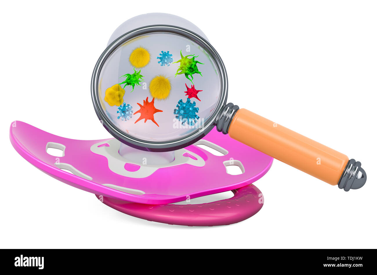 Baby pacifier with germs and bacterias under magnifying glass. 3D
