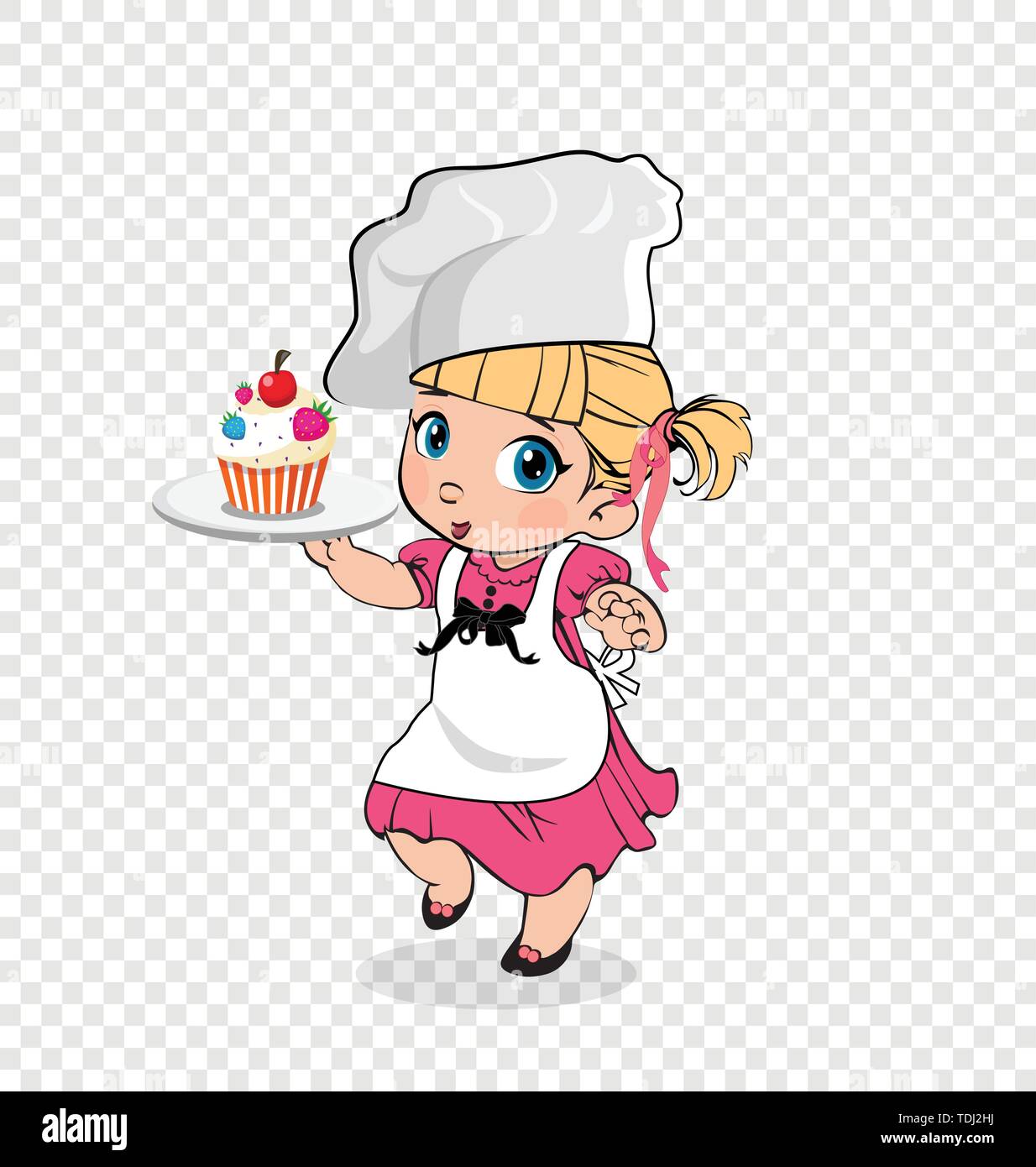 Little Girl Chef with Cake on Plate, Kid in Apron and Hat with Cake on Tray, Baby Menu Character, Cooker, Cooking Child Isolated on Transparent Backgr Stock Vector