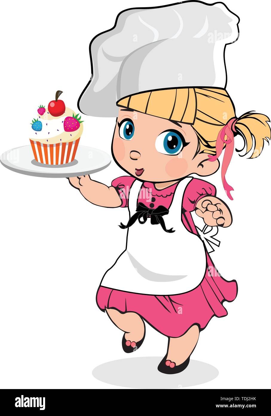 Little Girl Chef with Cake on Plate, Kid in White Apron and Hat with ...