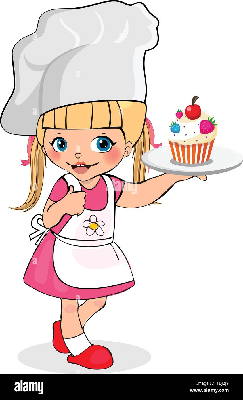 Little Girl Chef with Cake on Plate, Kid in White Apron and Hat with ...