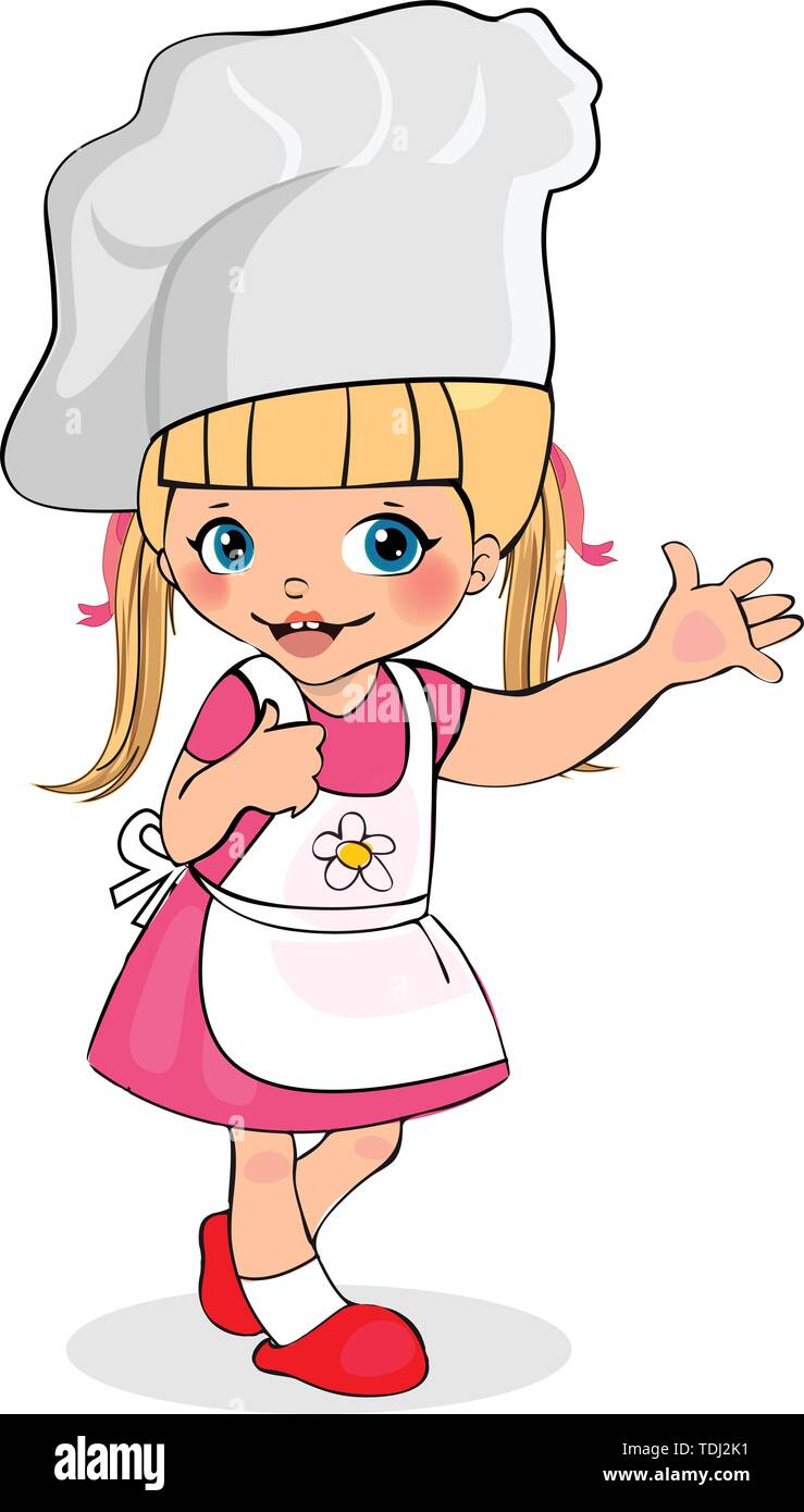 Little Girl Chef in White Apron and Hat, Kids Menu Character, Adorable Cooker Baby, Cooking Blonde Child in Pink Dress Isolated on White Background, C Stock Vector
