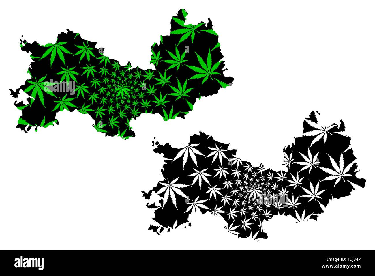 Mordovia (Russia, Russian Federation, Republics of Russia) map is designed cannabis leaf green and black, scribble sketch Republic of Mordovia map mad Stock Vector