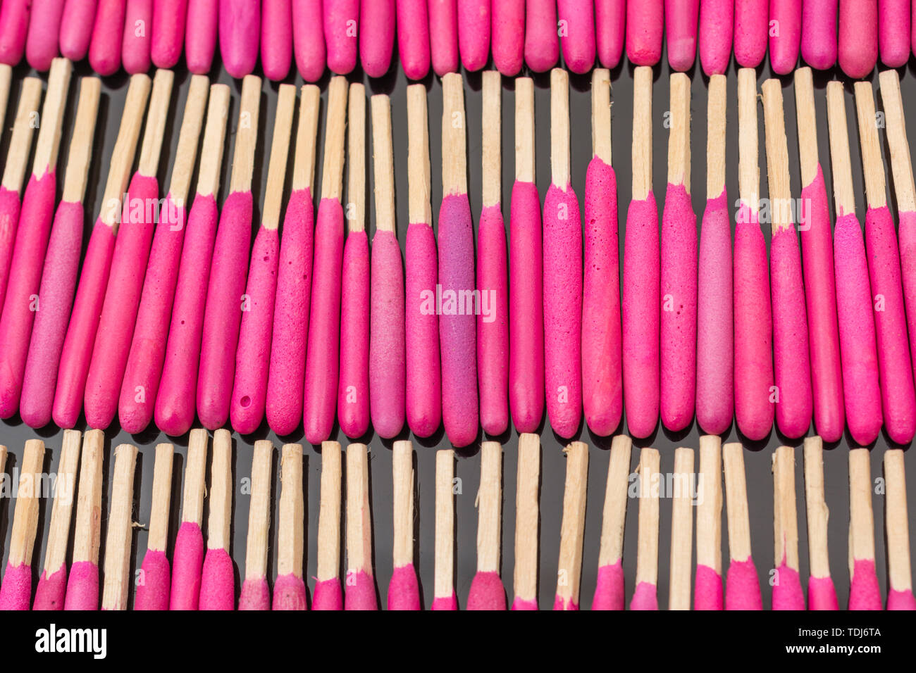 Neat rows of waterproof stormproof emergency matches. Metaphor survival skills, organized mind, neat and tidy mind, regimented, lined up, in neat line Stock Photo