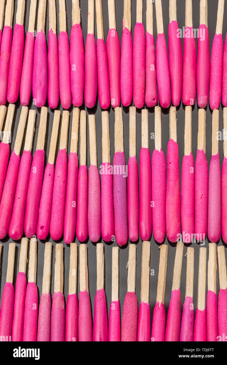 Neat rows of waterproof stormproof emergency matches. Metaphor survival skills, organized mind, neat and tidy mind, regimented, lined up, in neat line Stock Photo