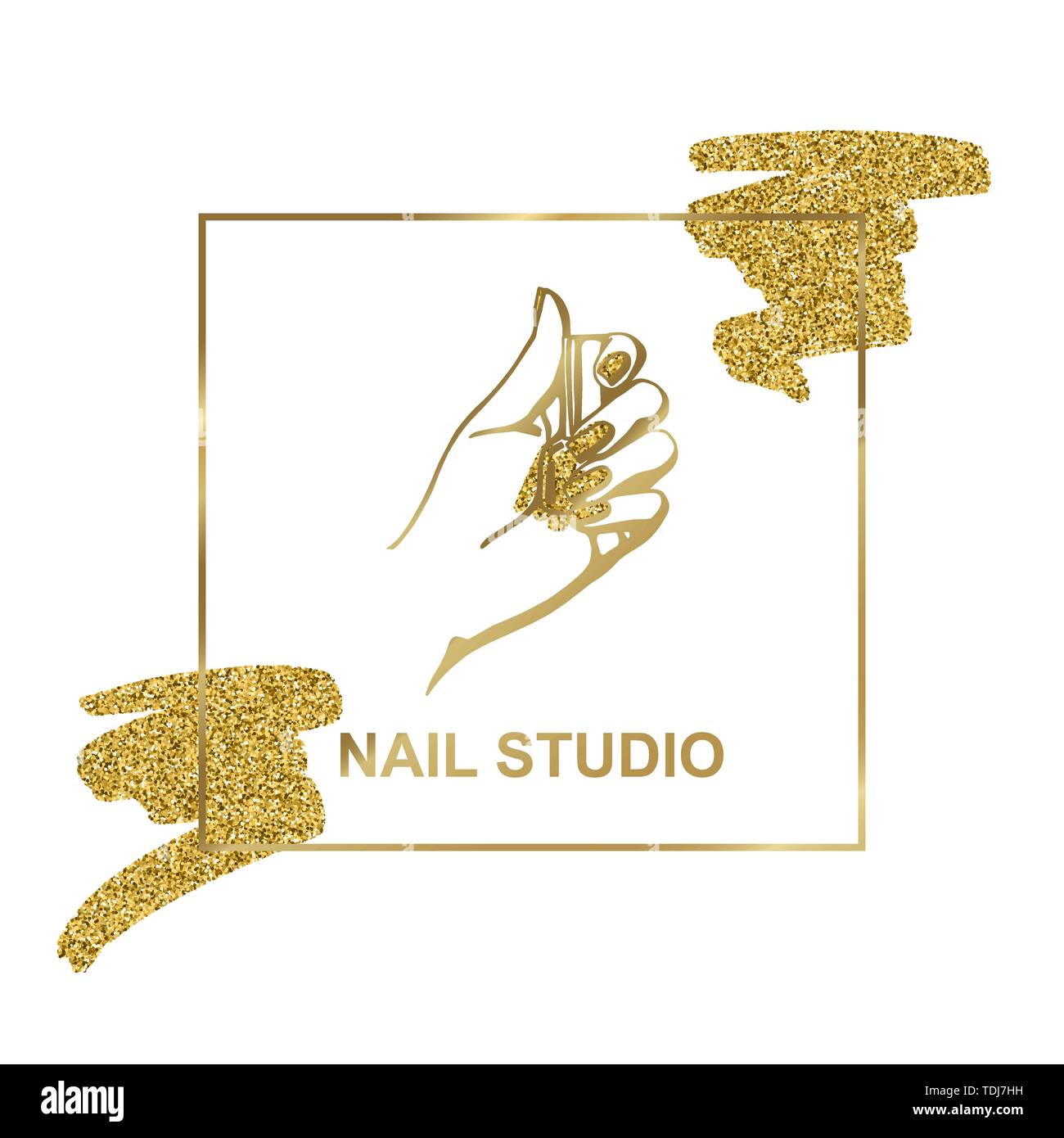 vector gold emblem with a female hand in a trendy minimalist linear style. logo for a beauty salon or a manicurist. template for packaging hand cream  Stock Vector