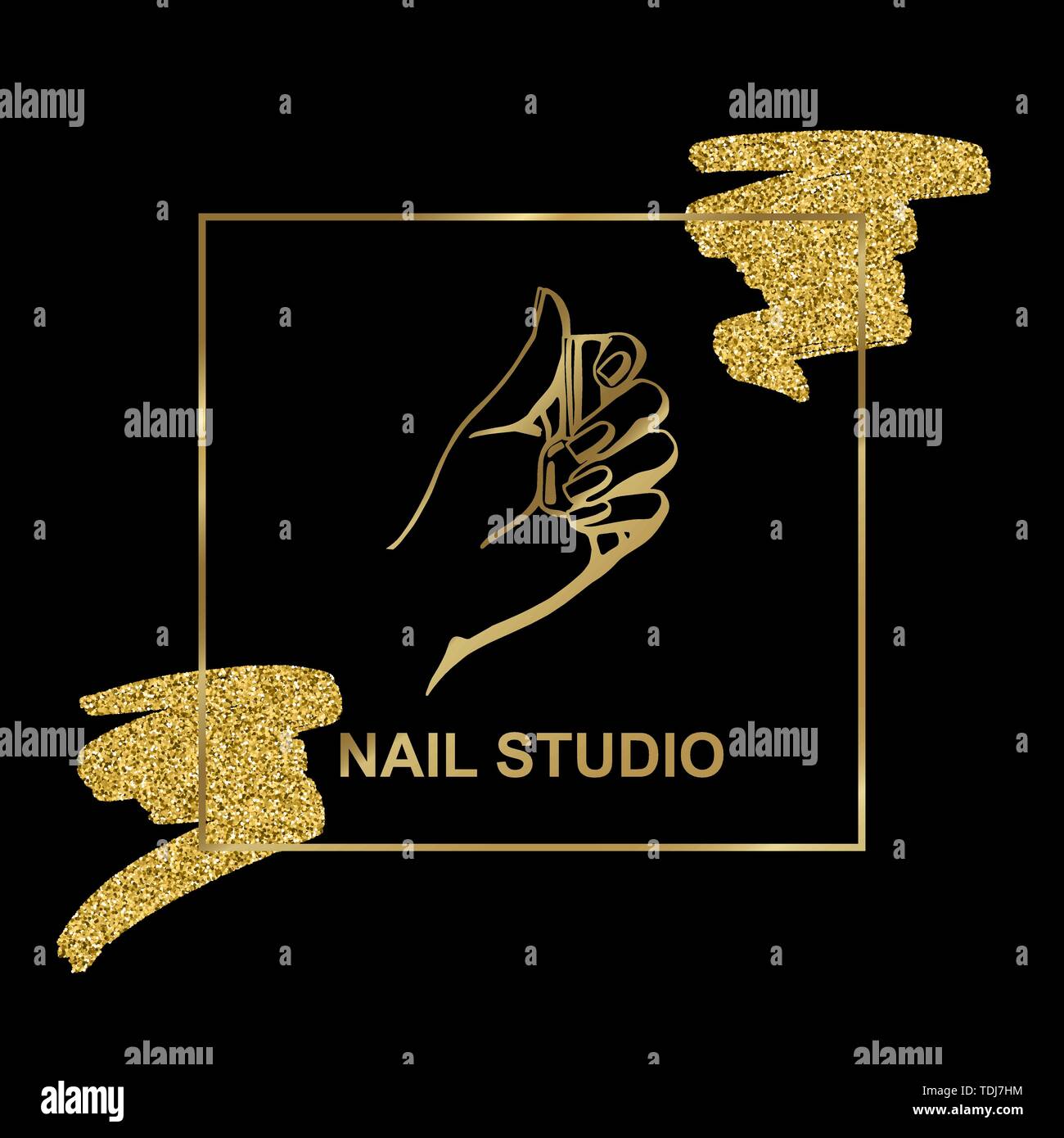 vector gold emblem with a female hand on black background in a trendy linear style. logo for a beauty salon or a manicurist. template for packaging ha Stock Vector