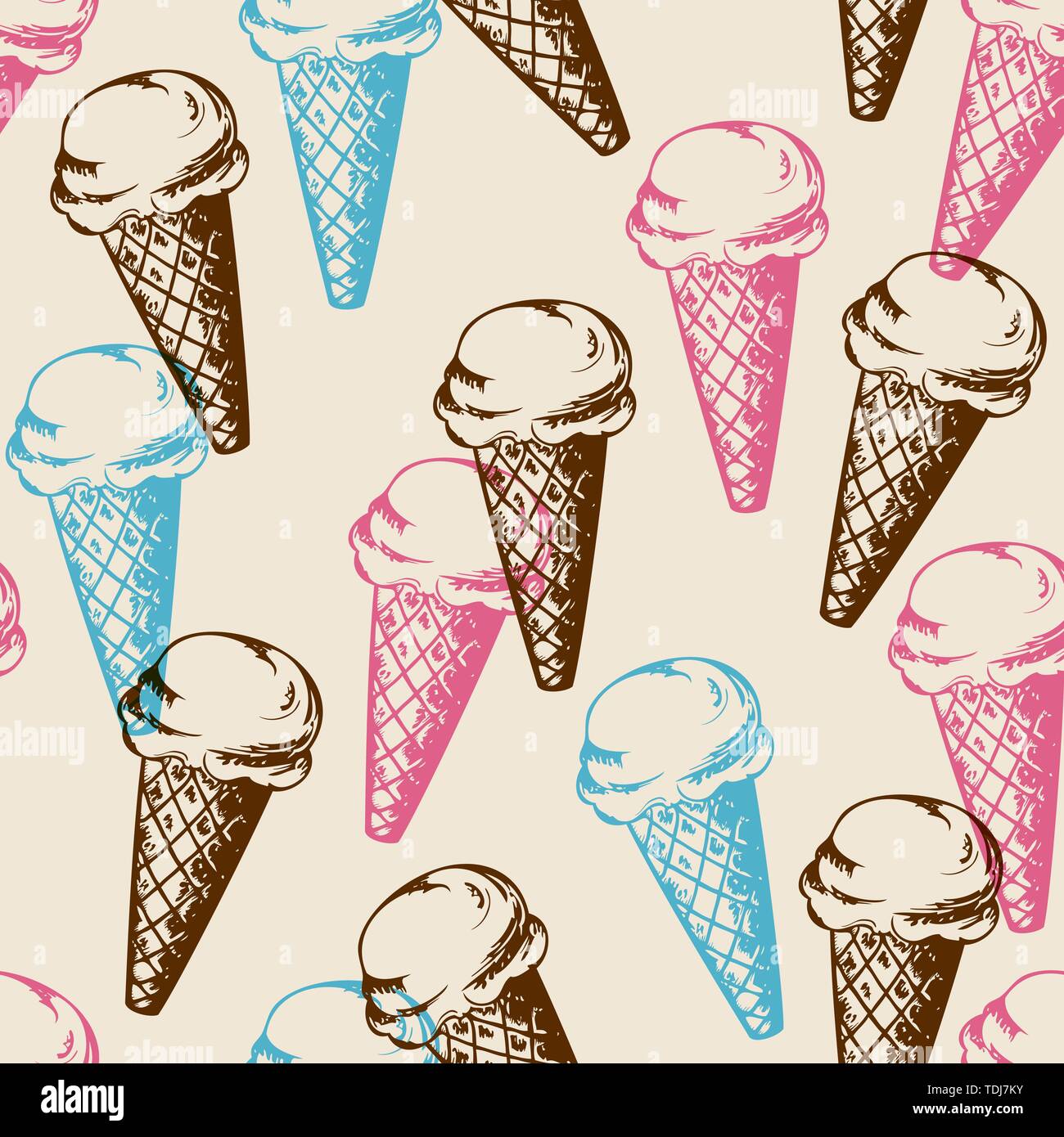 Vintage seamless patterns with ice cream. Hand drawn vector background Stock Vector