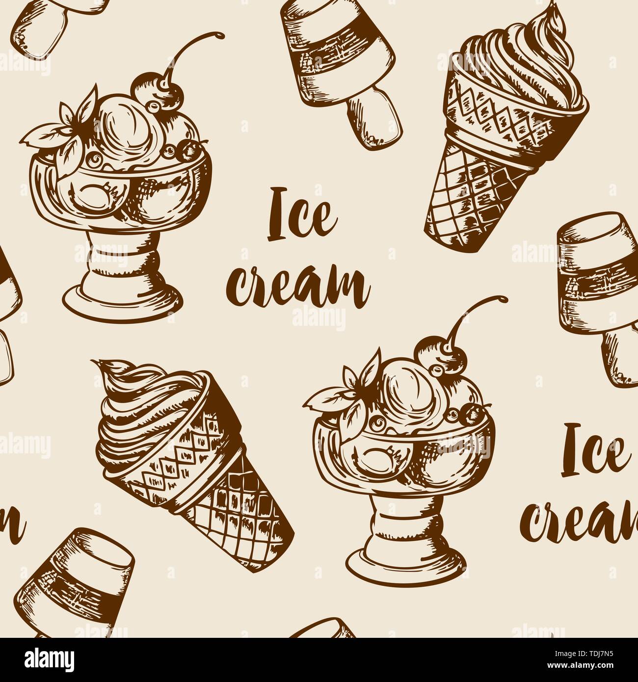 Vintage summer seamless pattern with different ice cream. Hand drawn ...