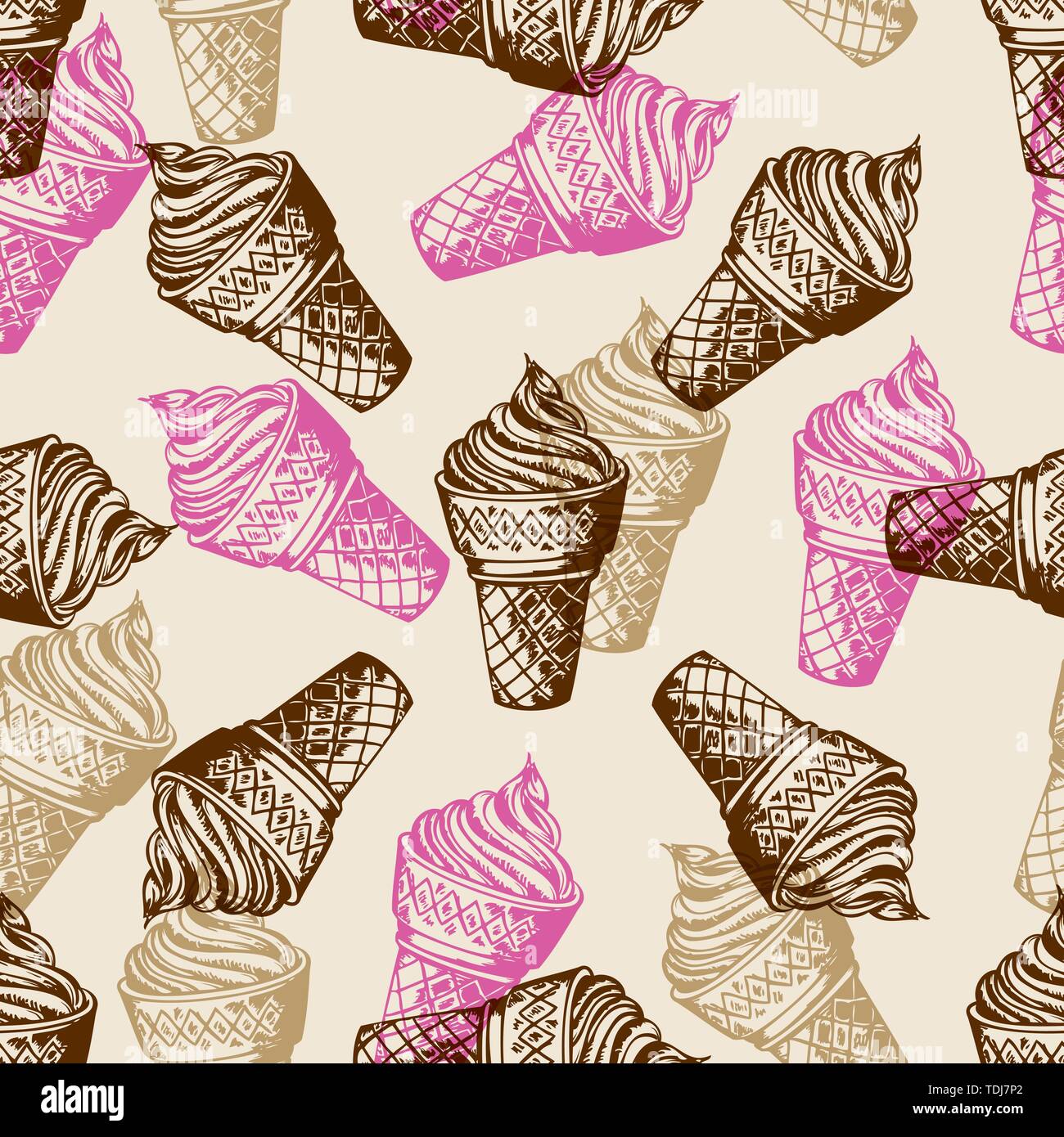 Vintage seamless patterns with ice cream in waffle cone. Hand drawn ...