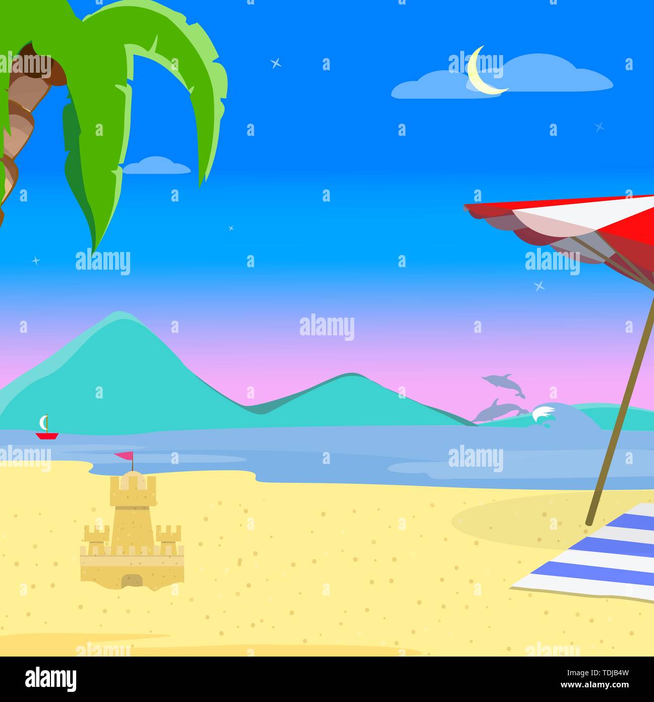 Summer Beach Background, Evening Time Landscape of Exotic Seaside at Dusk Sundown , Resort Coast Seascape with Palm Tree, Dolphin, Sailing Ship and Sa Stock Vector