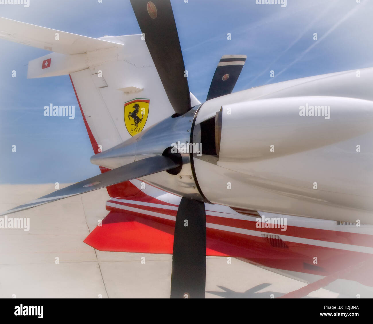 The pusher prop and tail of the unique aircraft Stock Photo Alamy