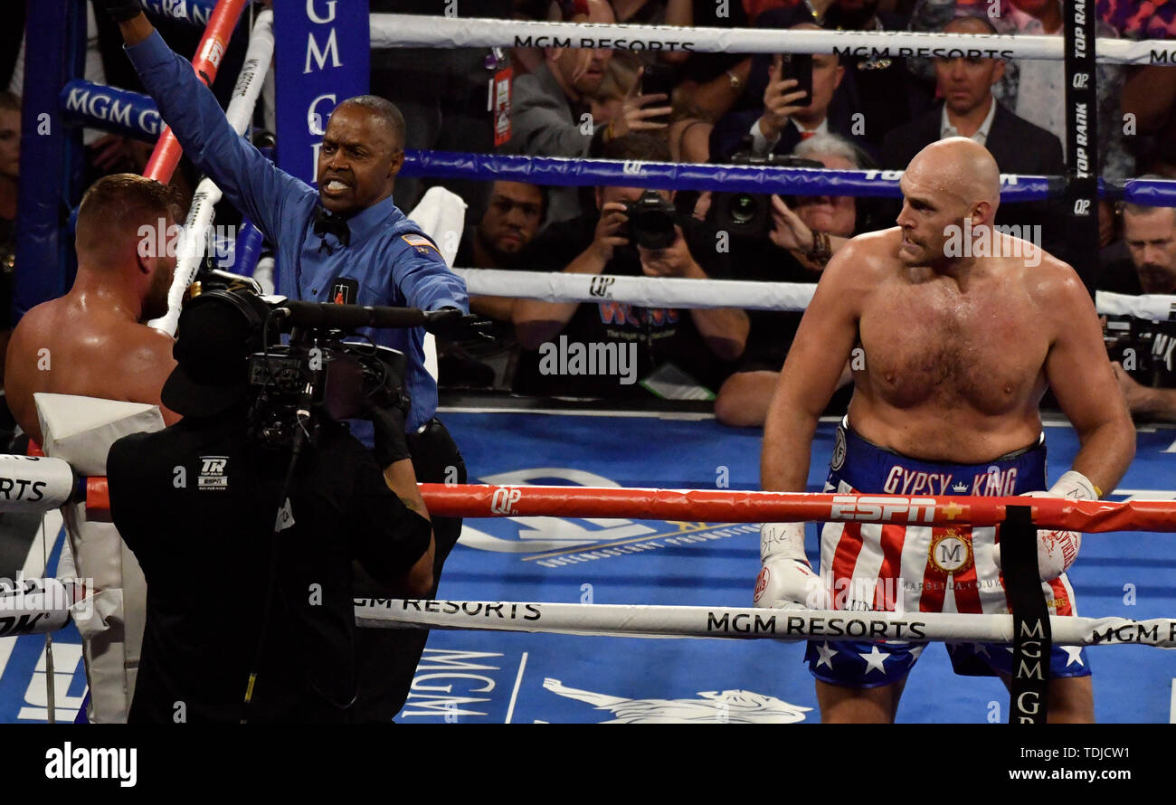 LAS VEGAS, NEVADA JUNE 15 Referee Kenny Bayless(L) stops Tyson Fury