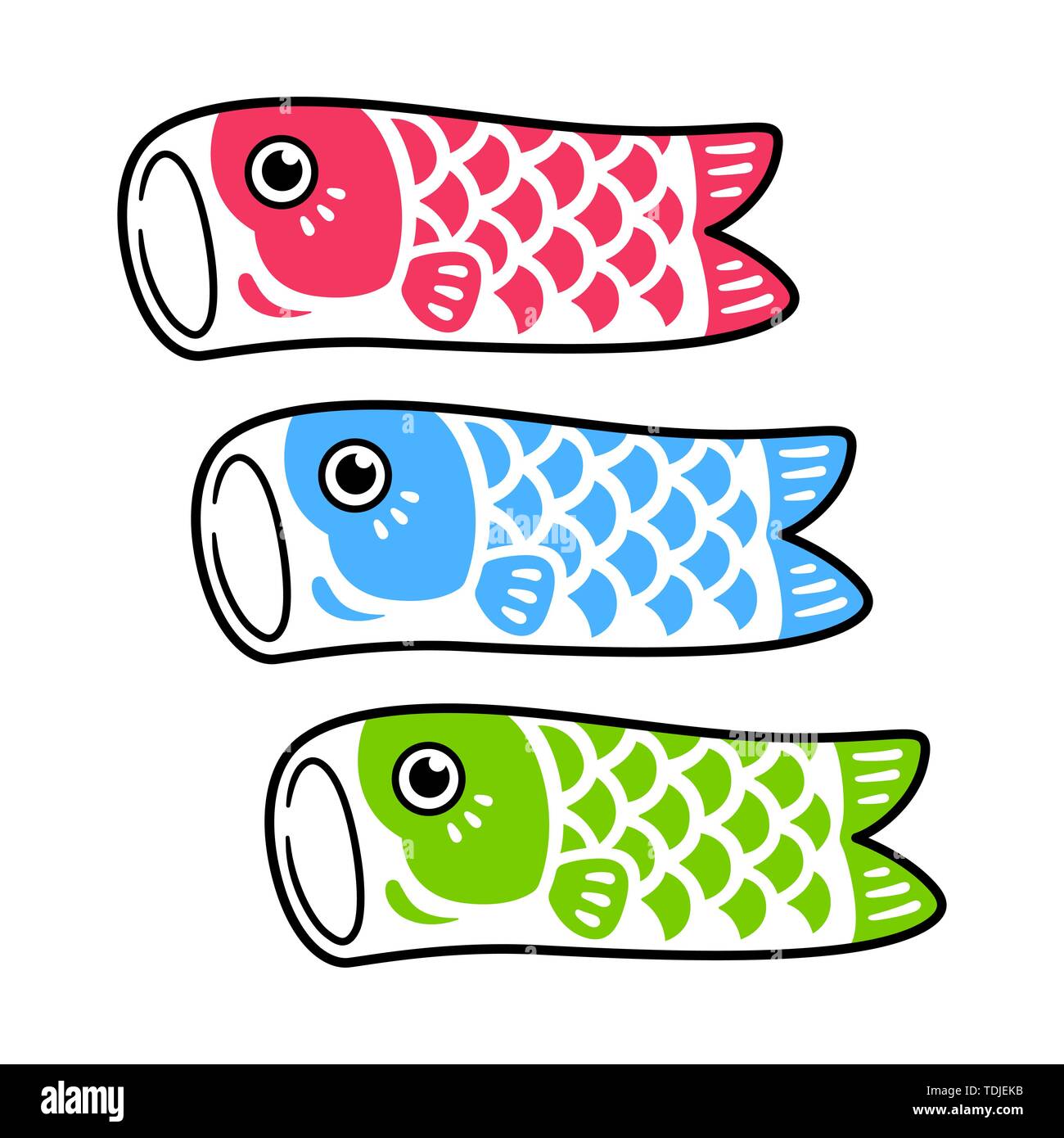 Koinobori, traditional Japanese fish flag set. Classic Koi fish design, symbol of Japan. Isolated vector clip art illustration. Stock Vector
