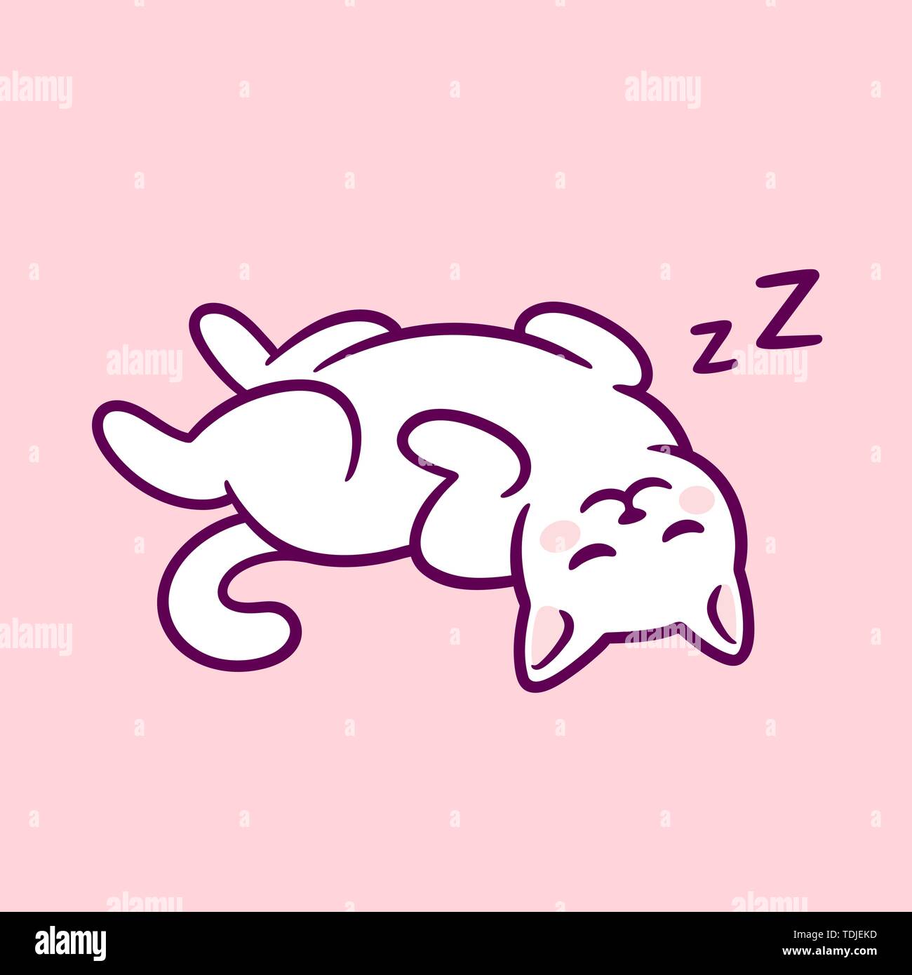 Cute cartoon cat sleeping with belly up. Adorable white kitty hand drawn doodle. Isolated vector clip art illustration. Stock Vector