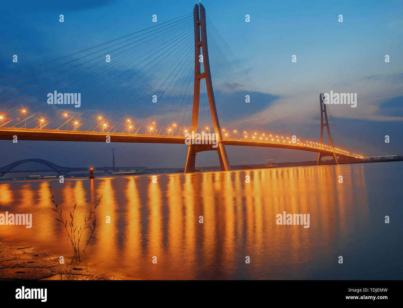 Night view of the three bridges of the Yangtze River in Nanjing Stock Photo