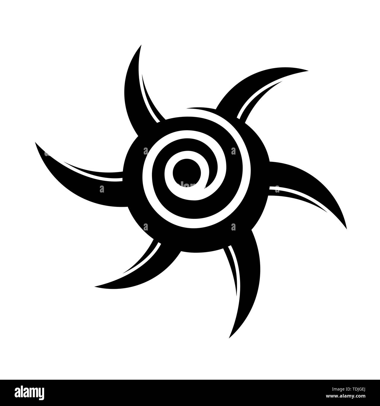Abstract geometric ethnic symbol, isolated on white background, spiral. Geometric logo, sign. Tattoo design in the form of the sun. Vector monochrome. Stock Vector