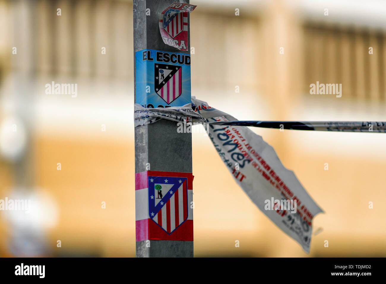 Stickers featuring the club crest on perimeter fences at the Vicente Calderon Stadium (previously home to Atletico Madrid between 1966 and 2017 for 51 years) during its demolition - Estadio Vicente Calderon demolition , Arganzuela, Madrid - 10th June 2019 Stock Photo