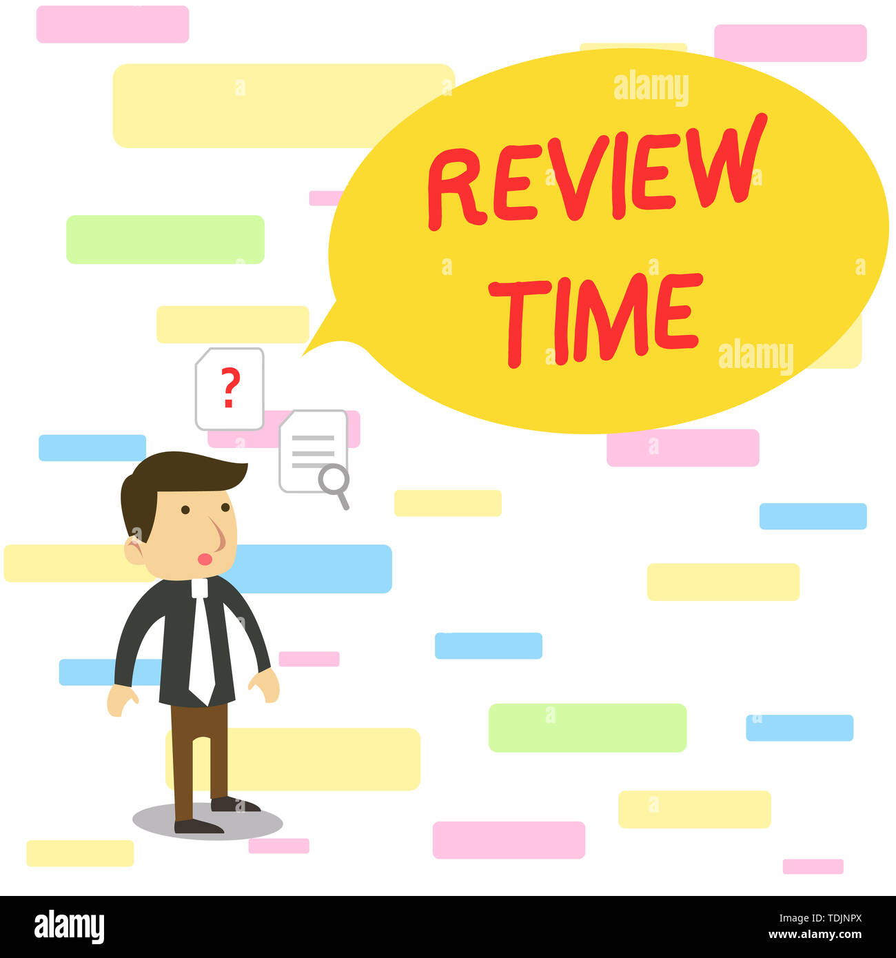 Text sign showing Review Time. Business photo text to think or talk about something again Set schedule to review Young Male Businessman Office Worker  Stock Photo