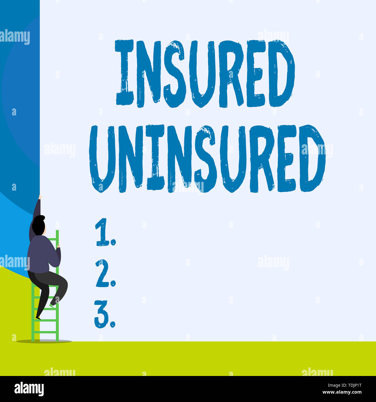 Word writing text Insured Uninsured. Business photo showcasing Company selling insurance Checklist to choose from Back view young man climbing up stai Stock Photo