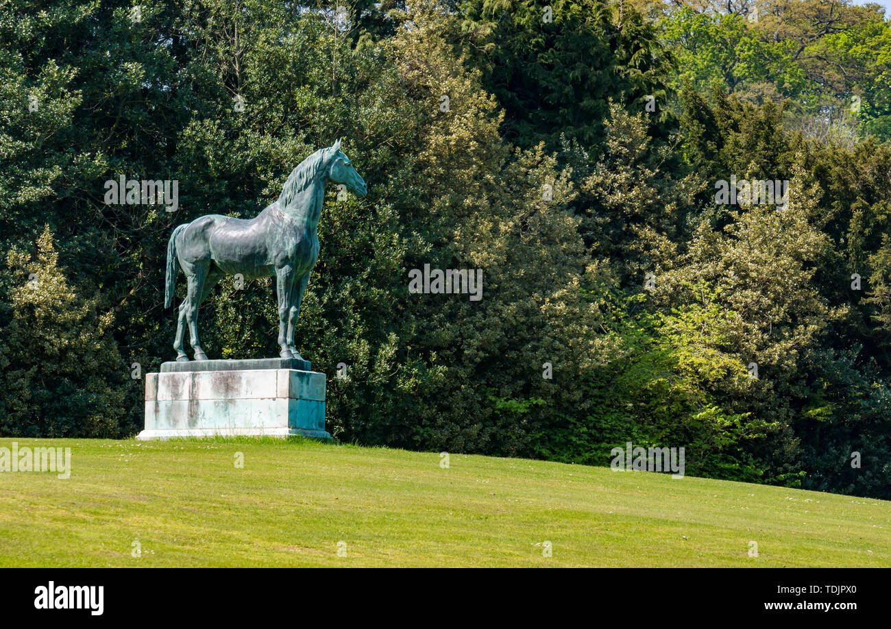 Bronze sculpture of racehorse King Tom, Dalmeny House, South Queensferry, Scotland, UK Stock Photo
