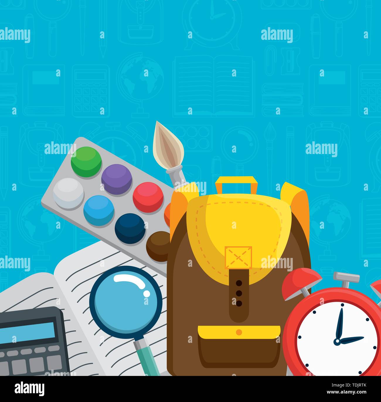 backpack with clock alarm and watercolor with notebook Stock Vector