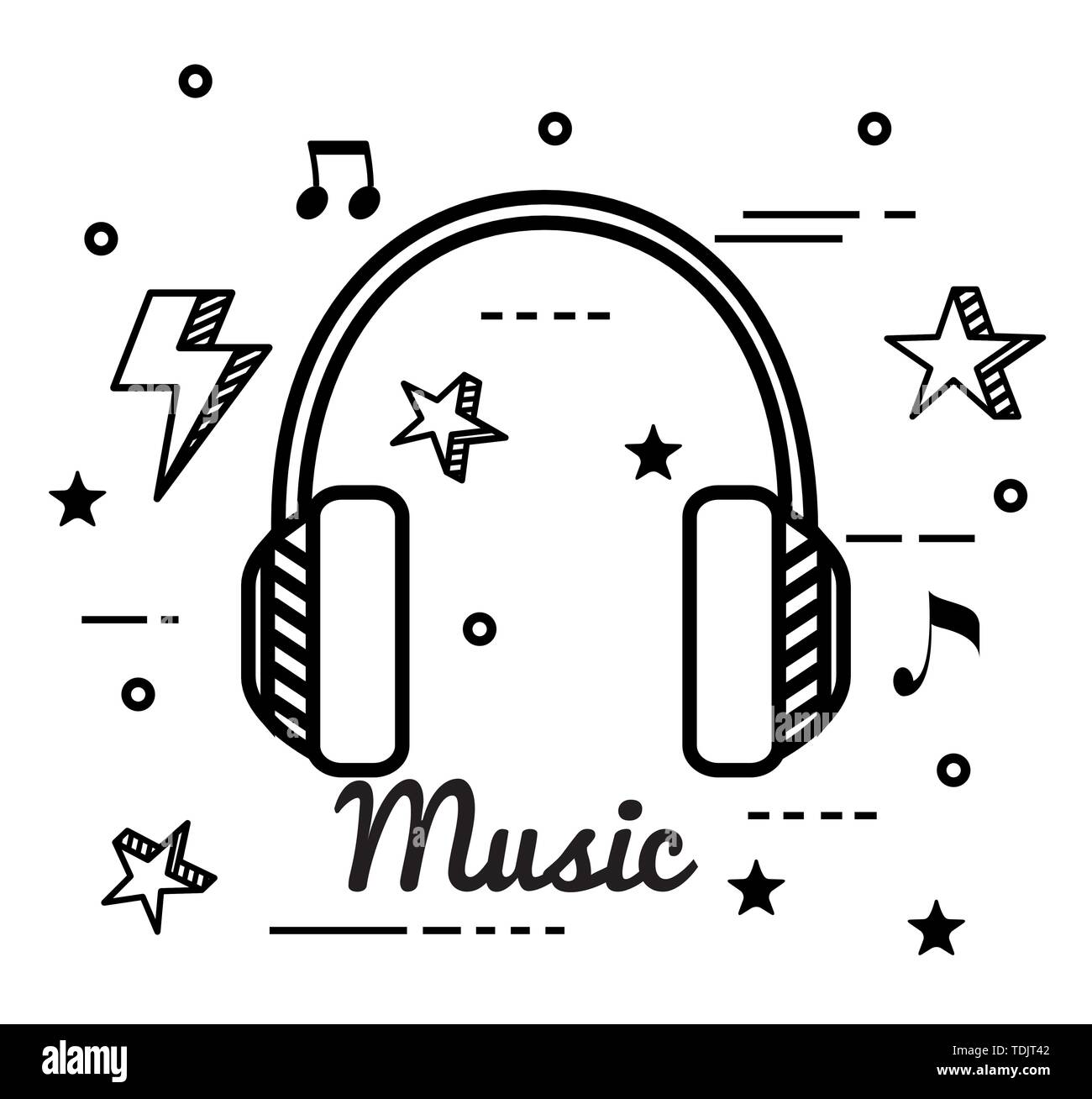 headphones with thunder and star with notes melody Stock Vector