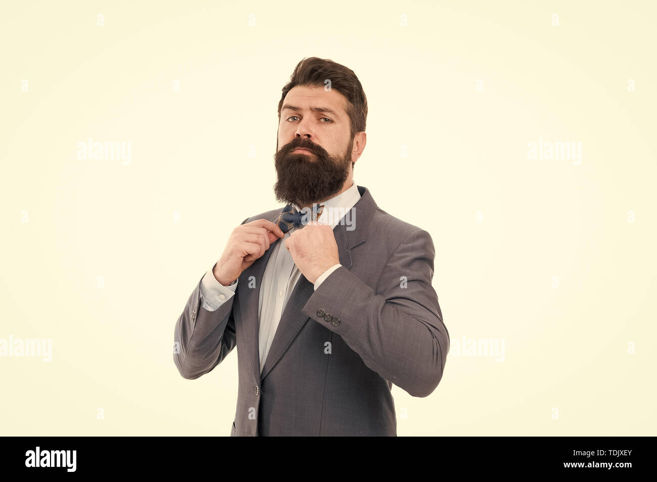 Formal outfit. Take good care of suit. Elegancy and male style. Businessman  or host fashionable outfit grey background. Fashion concept. Classy style.  Man bearded hipster wear classic suit outfit Stock Photo by ©