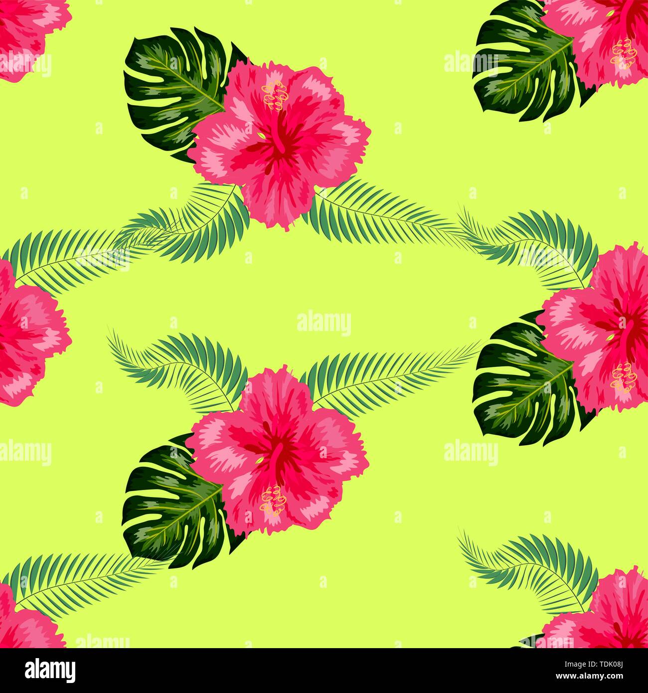 Tropical hibiscus flowers and palm leaves bouquets seamless pattern ...