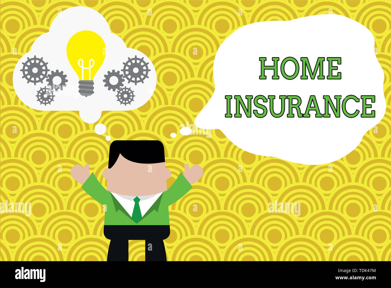 Word writing text Home Insurance. Business photo showcasing Covers looses and damages and on accidents in the house Standing man suit hands up imagina Stock Photo