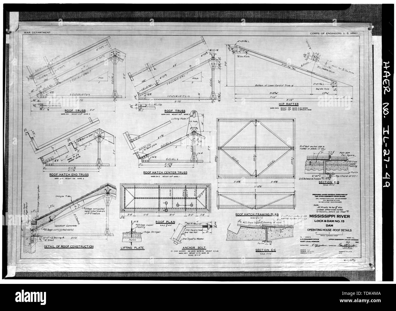 OPERATING HOUSE-ROOF DETAILS. July 1931 - Mississippi River 9-Foot Channel Project, Lock and Dam No. 15, Upper Mississipi River (Arsenal Island), Rock Island, Rock Island County, IL; U.S. Army Corps of Engineers; S.A. Healy Company; Merrit-Chapman-Whitney Corporation; Ylvisaker, Lenvik; Piel, John H; McCormick, Herbert Stock Photo
