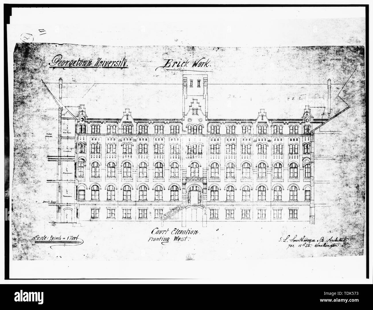 ORIGINAL DRAWING, COURT ELEVATION (FROM THE ORIGINAL IN THE OFFICE OF THE VICE PRESIDENT FOR DEVELOPMENT AND PHYSICAL PLANT, GEORGETOWN UNIVERSITY) - Georgetown University, Healy Building, Thirty-seventh and O Streets, Northwest, Washington, District of Columbia, DC Stock Photo