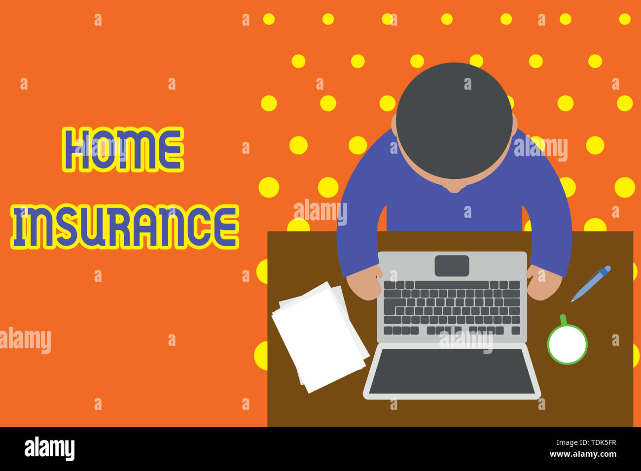 Handwriting text writing Home Insurance. Conceptual photo Covers looses and damages and on accidents in the house Upper view young man sitting working Stock Photo