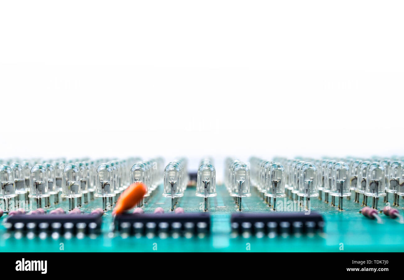 Circuit board with LED diodes close up isolated on white Stock Photo
