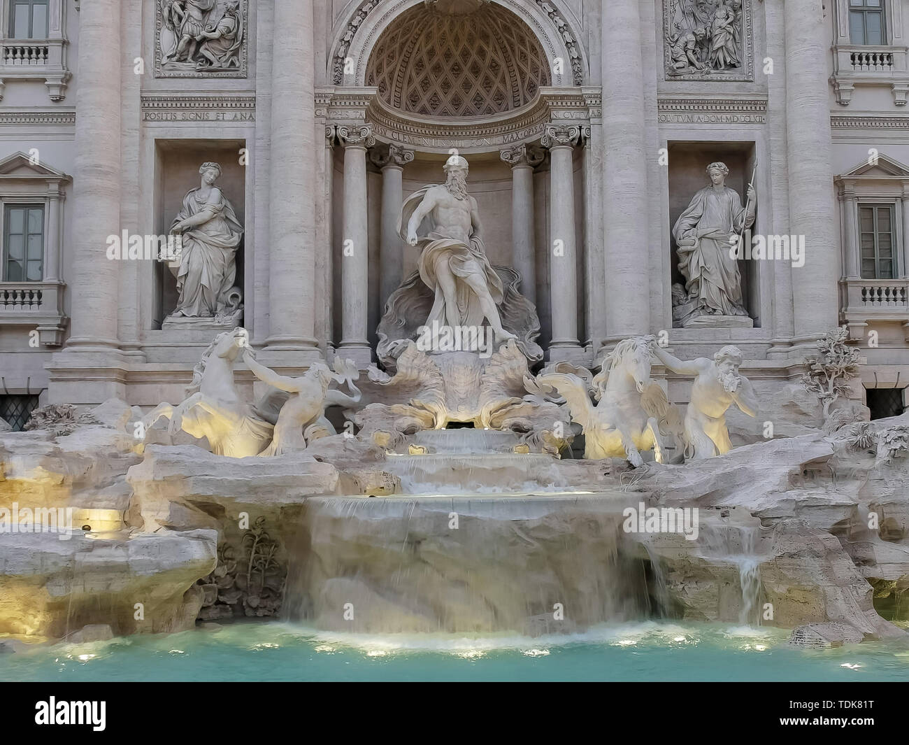 close up of trevi fountain with floodlights on in  rome, italy Stock Photo