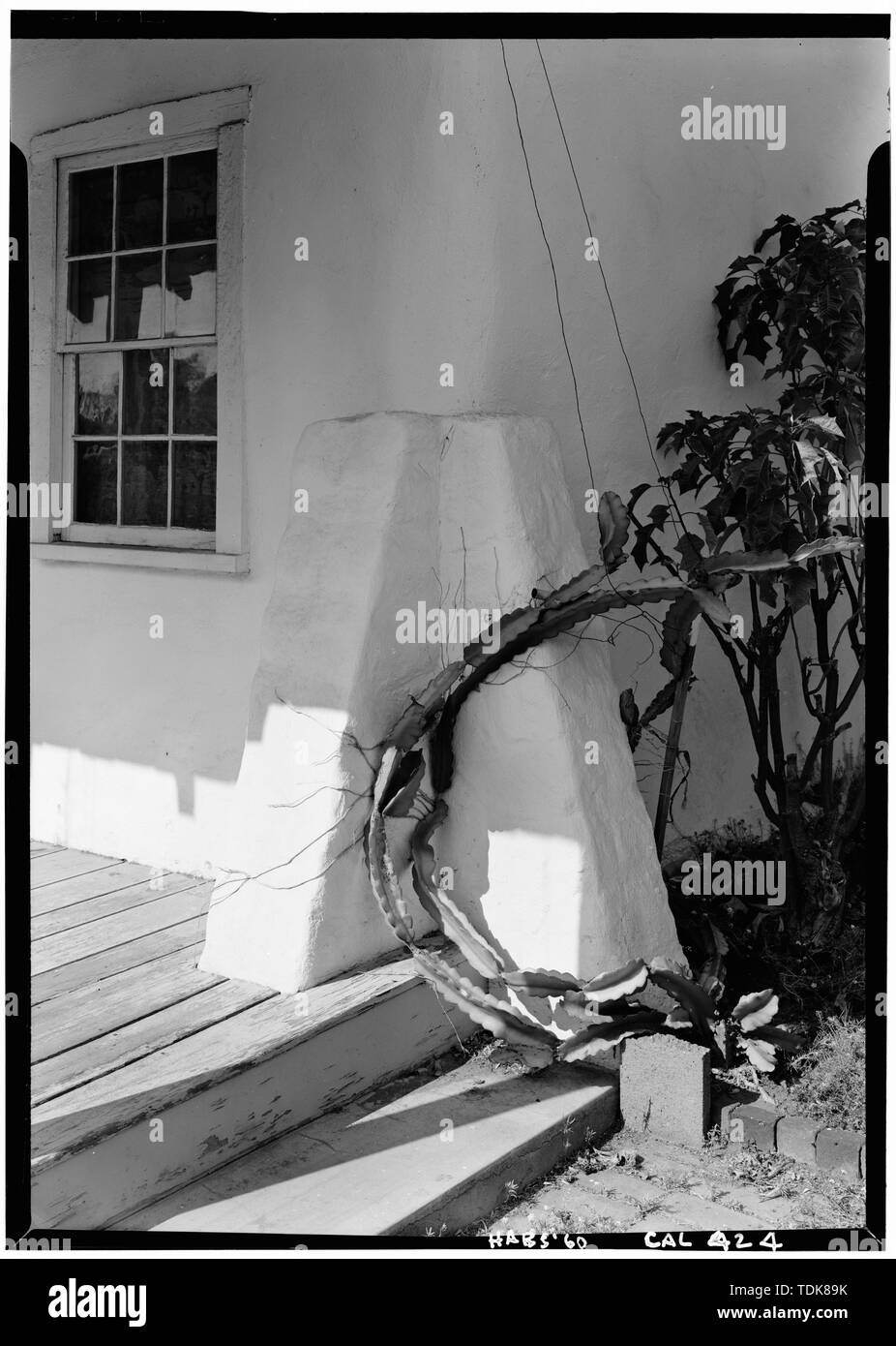 October 1960 DETAIL OF WINDOW and BUTTRESS AT ADOBE - George Derby House, 4017 Harney Street, San Diego, San Diego County, CA Stock Photo