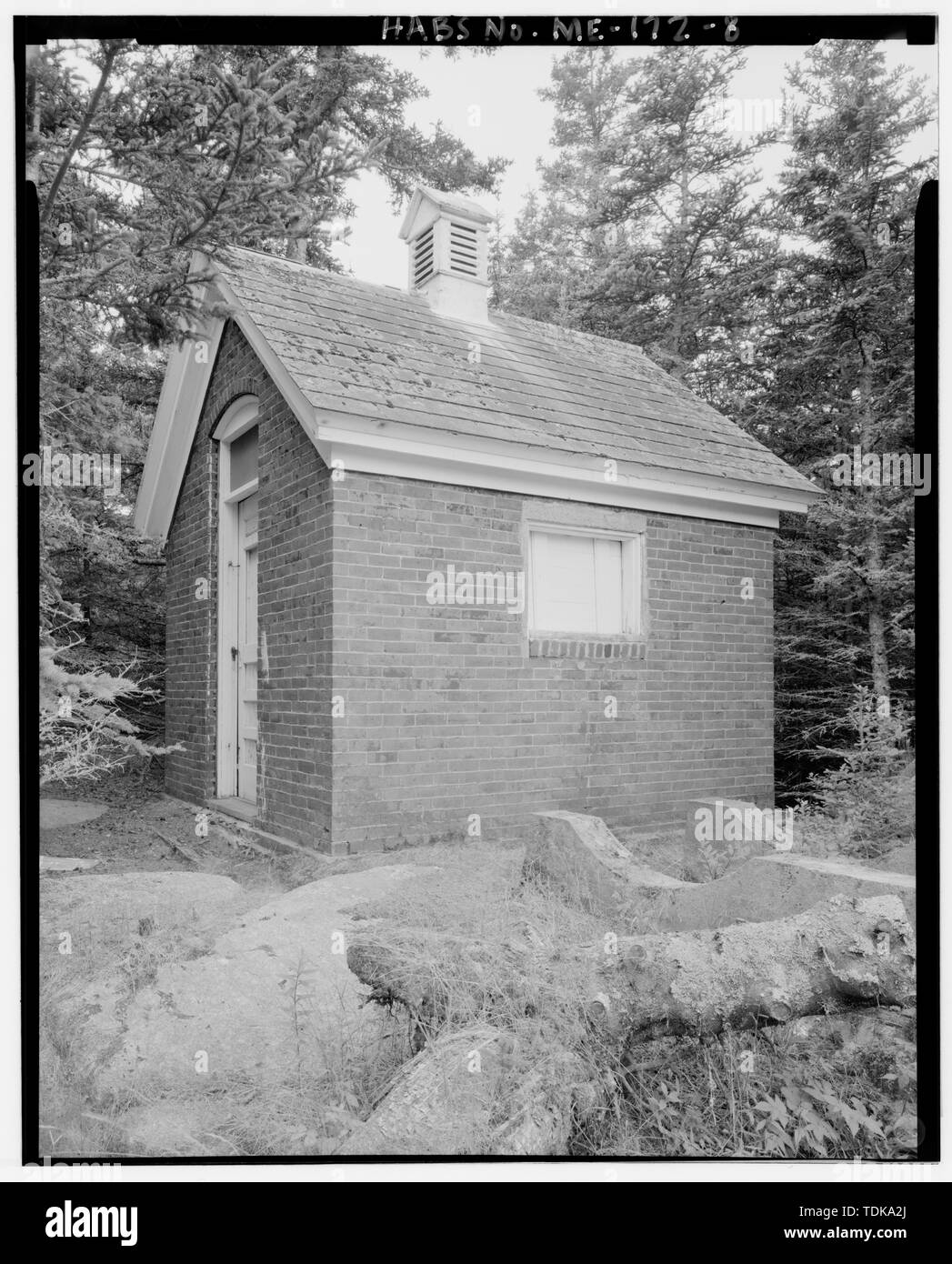 Oil house, view southeast, northwest side and northeast front - Baker Island Light, Lightkeeper's House, Just east of Cranberry Isles, at entrance to Frenchman Bay, Bar Harbor, Hancock County, ME; Gilley, William; Schafer, Jack W, project manager; Edwards, Arthur Lee, H, field team; England, Stephen A, delineator; Roberts, Lennard, delineator; Cheek, Richard, photographer Stock Photo