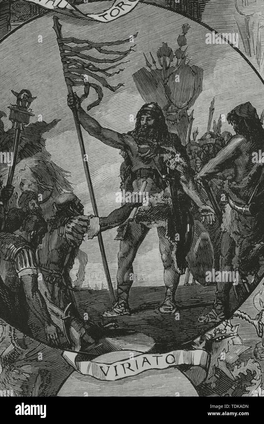 Viriato o Viriathus (m. 139 A. C.). Líder de la tribu de los lusitanos que hizo frente a la expansión de Roma en Hispania, siglo II a. C. Dibujo del autor, Ramón Padró. Pinturas decorativas en el salón de sesiones del Palacio de la Diputación de Zamora. Grabado. La Ilustración Española y Americana, 30 de septiembre de 1882. Stock Photo