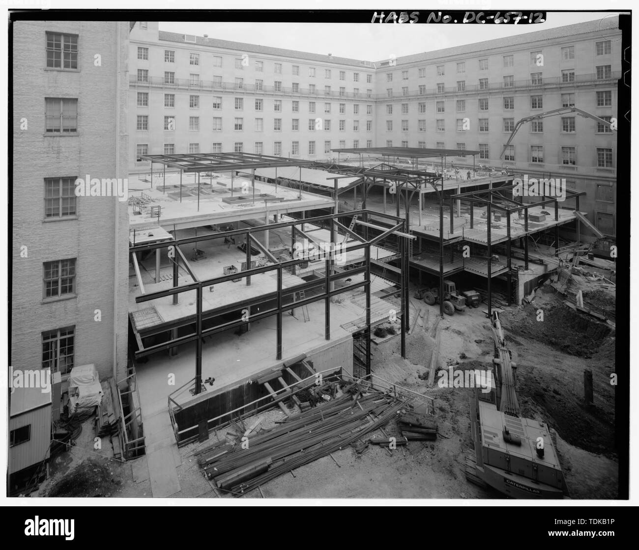 Original black-and-white print, VIEW OF PAVILION II, UNDER CONSTRUCTION, FROM OLD POST OFFICE - Internal Revenue Service Headquarters Building, 1111 Constitution Avenue Northwest, Washington, District of Columbia, DC Stock Photo