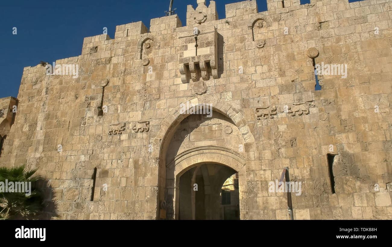 close up of the lion gate entrance to the old city of jerusalem in israel Stock Photo