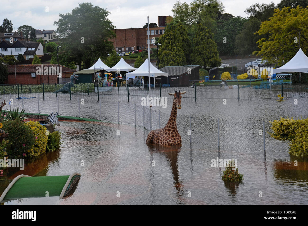 Stourport on Severn, Worcestershire, UK. 16th June 2019. A flooded children's play area and crazy golf course adjacent to the River Severn. The river has burst its  banks in several places and more water from the Welsh hills is still adding to the river, which is at an abnormally high level for June. G.P. Essex/Alamy Live News Stock Photo