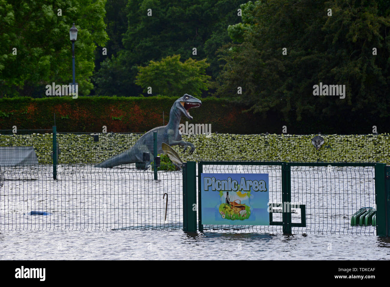 Stourport on Severn, Worcestershire, UK. 16th June 2019. A flooded children's play area and crazy golf course adjacent to the River Severn. The river has burst its  banks in several places and more water from the Welsh hills is still adding to the river, which is at an abnormally high level for June. G.P. Essex/Alamy Live News Stock Photo