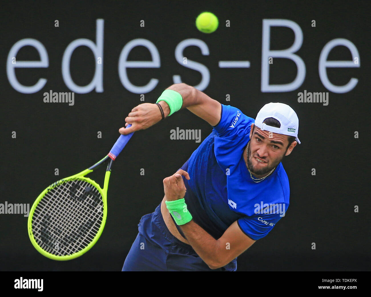 Stuttgart, Germany. 16th June, 2019. Matteo Berrettini of Italy serves  during the men's singles final match of ATP Mercedes Cup tennis tournament  between Felix Auger-Aliassime of Canada and Matteo Berrettini of Italy