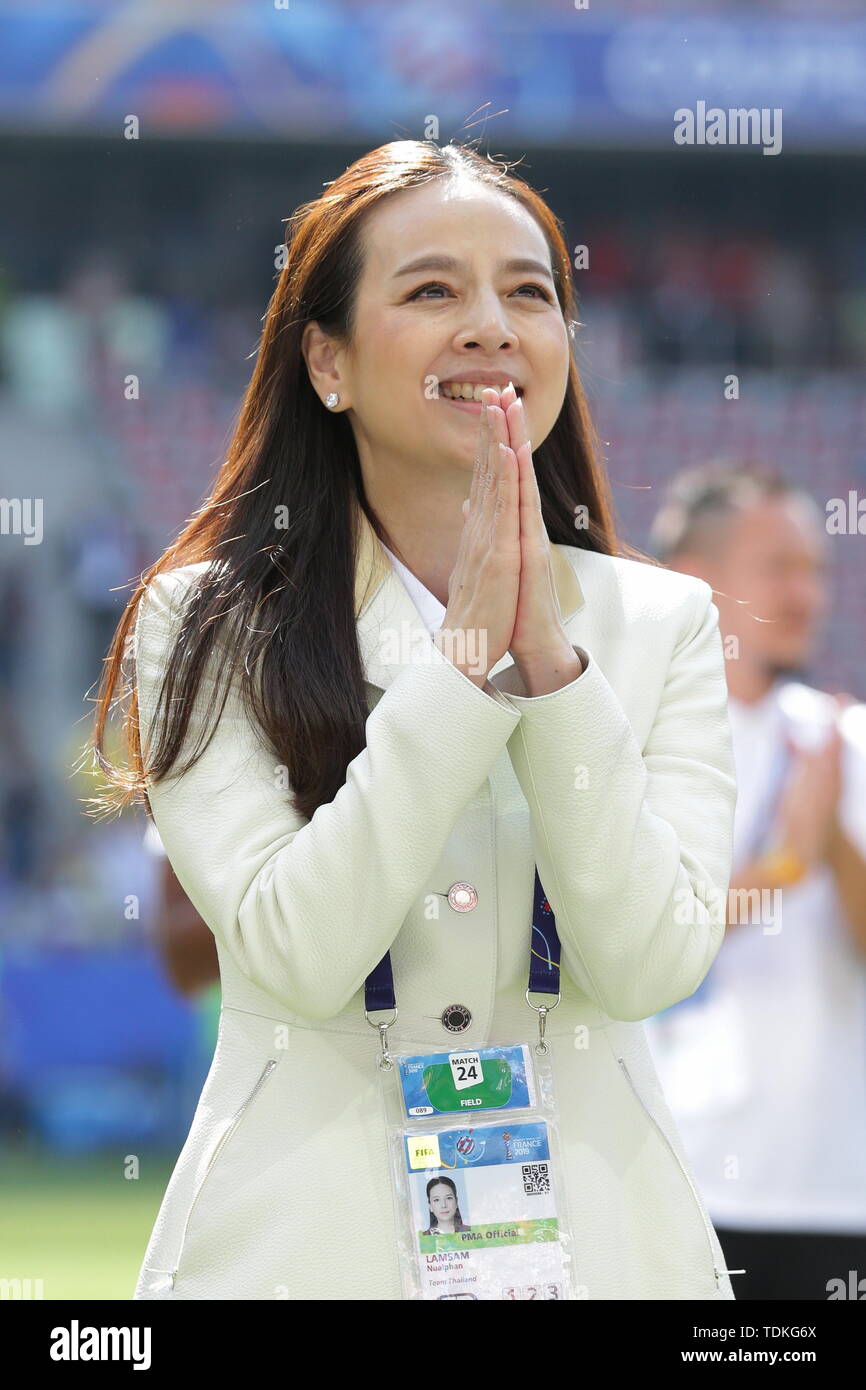 Nice, France. 16th June, 2019. Nualphan Lamsam (THA) Football/Soccer : Team Manager Nualphan Lamsam of Thailands salutes fans after the FIFA Women's World Cup France 2019 group F match between Sweden and Thailand at Stade de Nice in Nice, France . Credit: AFLO/Alamy Live News Stock Photo
