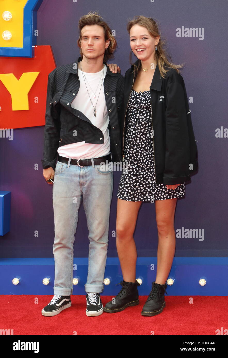 London, UK. 16th June, 2019. Dougie Poynter and Maddy Elmer attend the European Premiere of Toy Story 4 at Odeon Luxe, Leicester Square in London. Credit: SOPA Images Limited/Alamy Live News Stock Photo