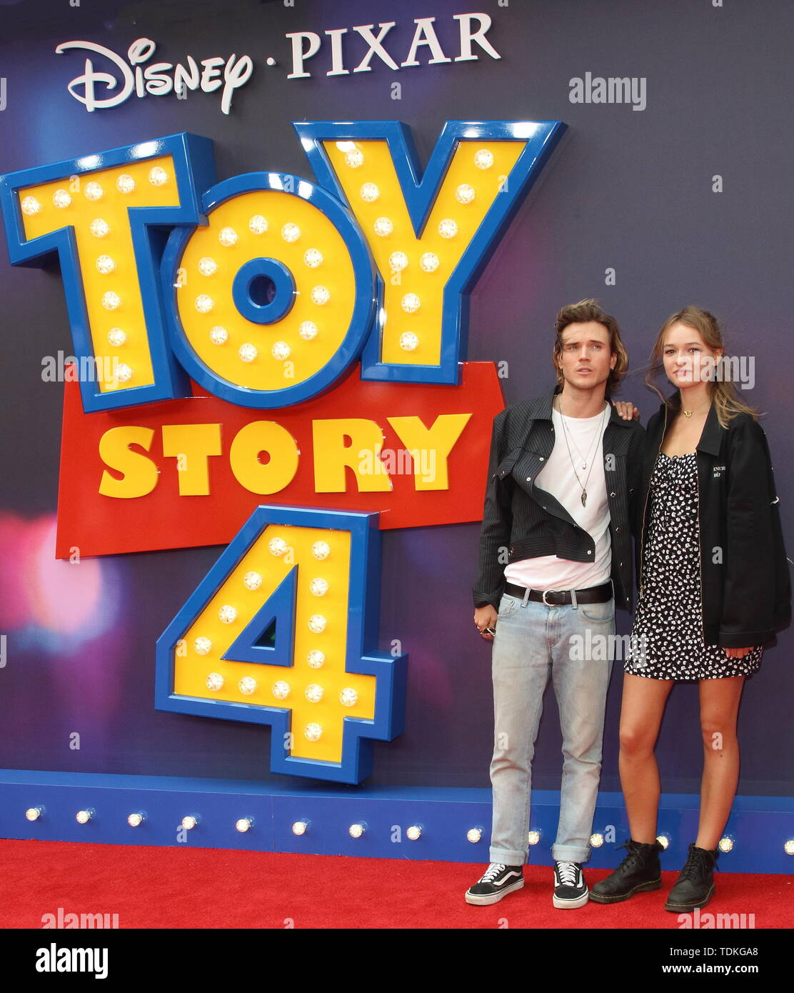 London, UK. 16th June, 2019. Dougie Poynter and Maddy Elmer attend the European Premiere of Toy Story 4 at Odeon Luxe, Leicester Square in London. Credit: SOPA Images Limited/Alamy Live News Stock Photo