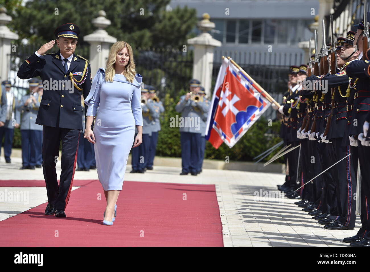 New Slovak President Zuzana Caputova reviews the guard of honor as she arrives at the Presidential Palace after her inauguration ceremony during a parliamentary session in Bratislava, Slovakia, Saturday, June 15, 2019.  (CTK Photo/Vaclav Salek) Stock Photo